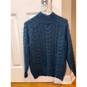Ann Taylor Teal Blue Cable Knit Mock Neck Sweater Womens XS Cozy Winter Fashion